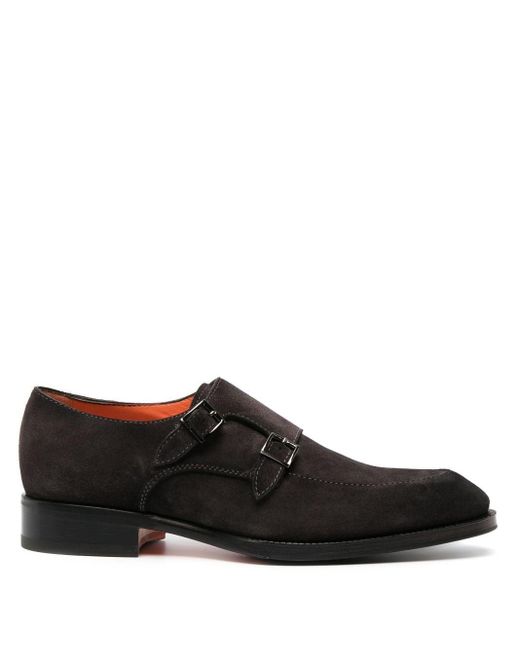 Santoni Black Double-buckle Suede Monk Shoes for men