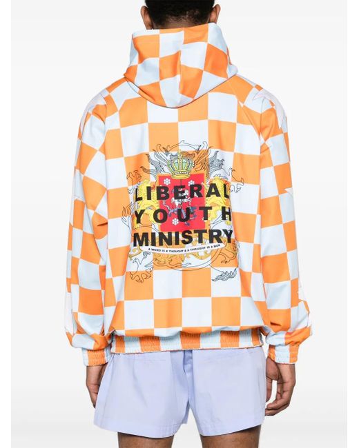 Liberal Youth Ministry Orange Hoodie En Coton À Motif Damier for men