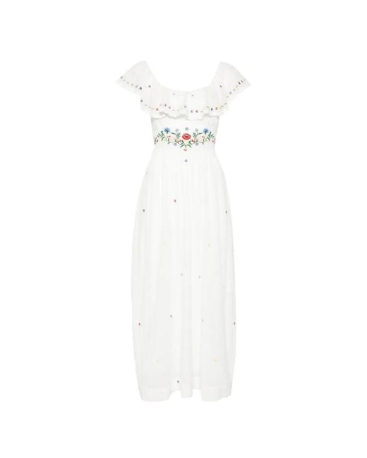 Rixo White Ebony Ruffled Embroidered Midi Dress