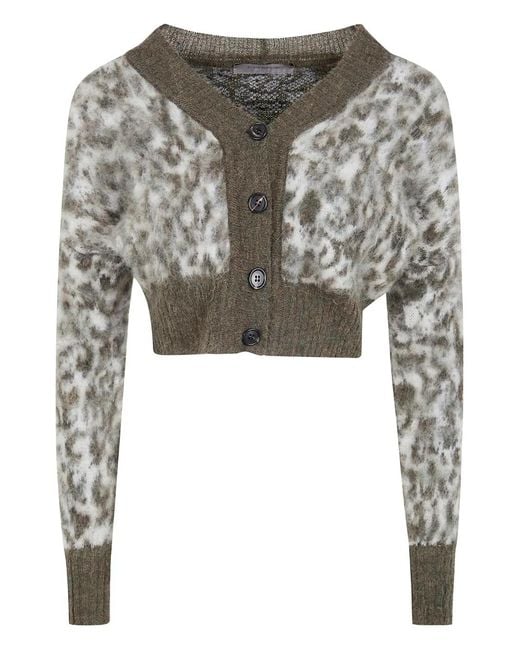 D.exterior Gray Button Animal-Pattern Cardigan