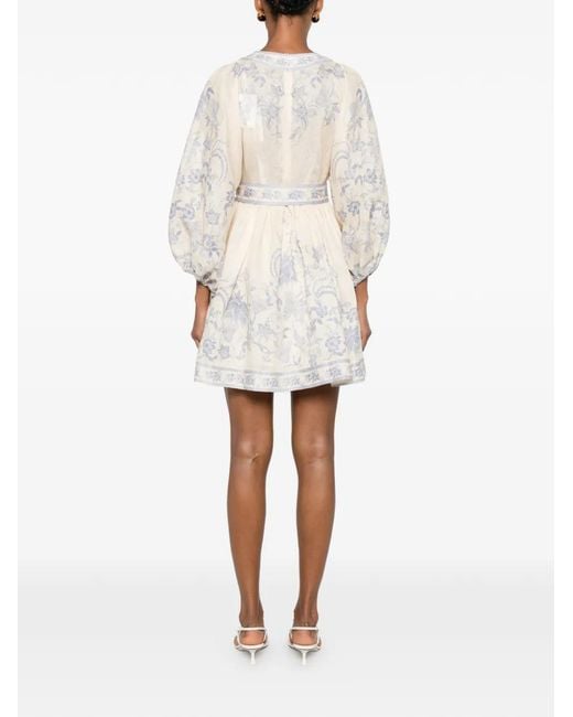 Zimmermann White V-Neck Linen Mini Dress With Button-Down Front, Removable Belt & Invisible Back Zip (Size 0)
