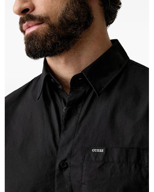 Guess Black Logo-Patch Chest-Pocket Shirt for men