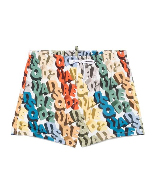 DSquared² White All-Over Logo Swim Shorts for men