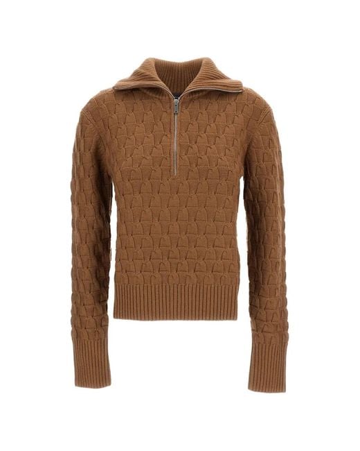 Wales Bonner Brown Basket-Weave Half-Zip Sweater
