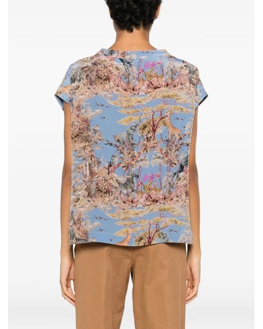 Momoní Blue Curacao Safari-Print Cap-Sleeve Silk Blouse