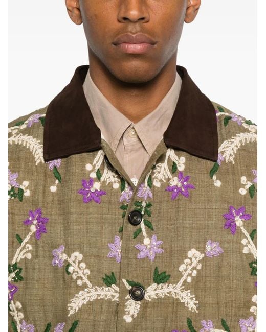 Kartik Research Green Floral-Embroidered Suede-Collar Jacket for men