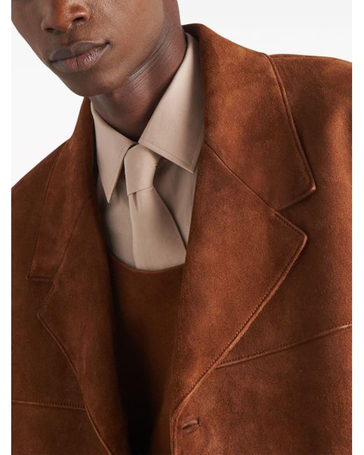 Prada Brown Single-breasted Suede Leather Coat for men
