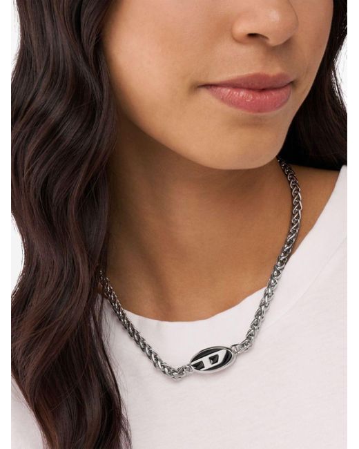 DIESEL White Logo-pendant Chain Necklace