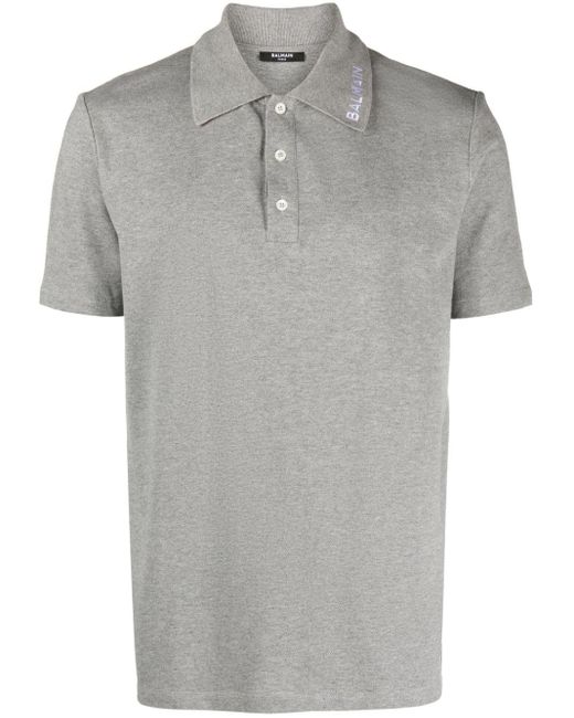Balmain Gray Logo-embroidered Cotton Polo Shirt for men