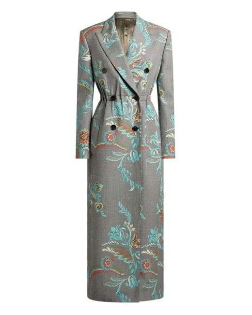 Etro Green Daffodil-Print Double-Breasted Coat