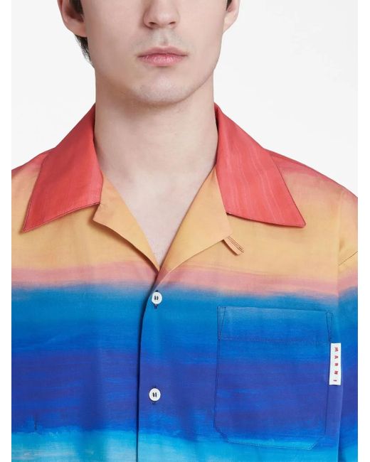 Marni Blue Bowling Shirt With Dark Side Of The Moon Print for men