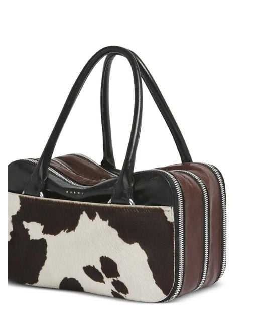 Marni White Boxyne Cow-Print Leather Tote Bag