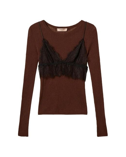 Twinset Brown Silk-Blend Jumper With Top