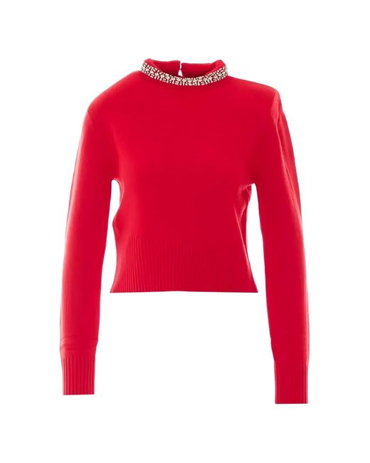 Pinko Red Crystal-Embellished Mock-Neck Sweater