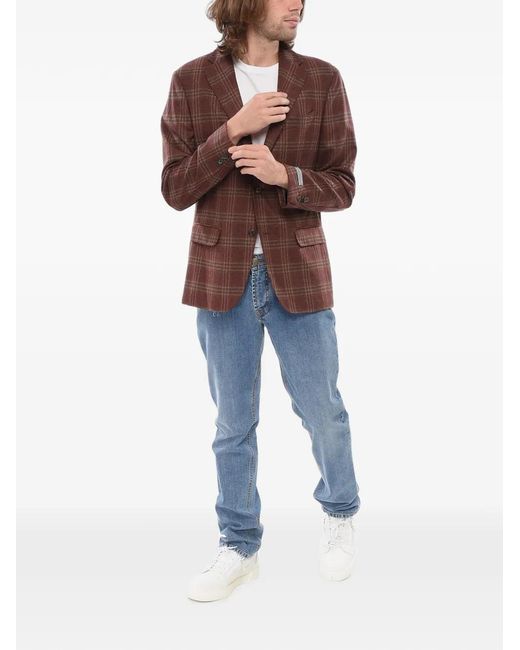 Corneliani Brown Checked-Pattern Single-Breasted Blazer for men