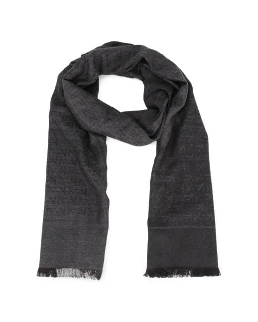 Isaia Black Monogram-Pattern Frayed Scarf for men