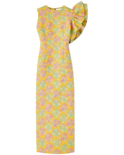 D'Estree Yellow One-Shoulder Floral Midi-Dress