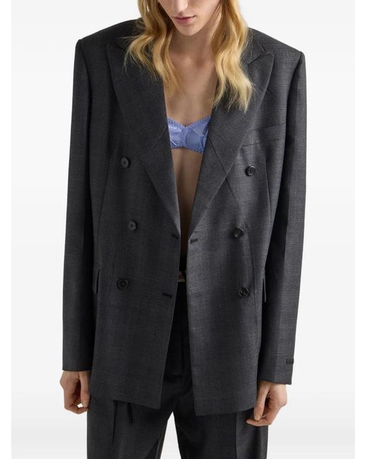 Prada Blue Double-Breasted Checked Wool Jacket