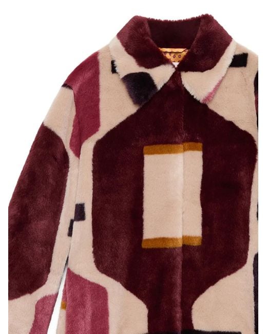 Maliparmi Red Geometric-Pattern Faux-Fur Coat
