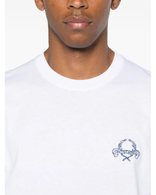 Moschino White Moschino Logo-Embroidered Cotton T-Shirt for men