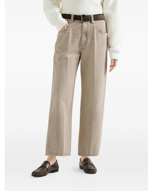 Brunello Cucinelli Natural Prince Of Wales Denim Contemporary Square Trousers With Monili