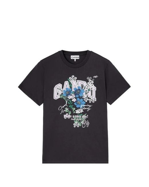 Ganni Blue T-Shirt With Flowers
