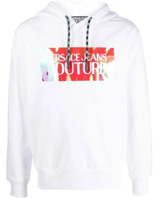 Versace Jeans Couture White Logo-Print Drawstring Hoodie for men