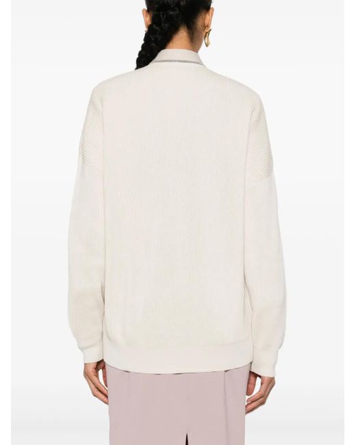 Brunello Cucinelli White Monili-Chain Ribbed Jumper