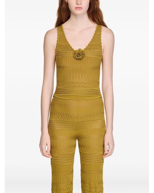 Sandro Green Floral Appliqué Knitted Top