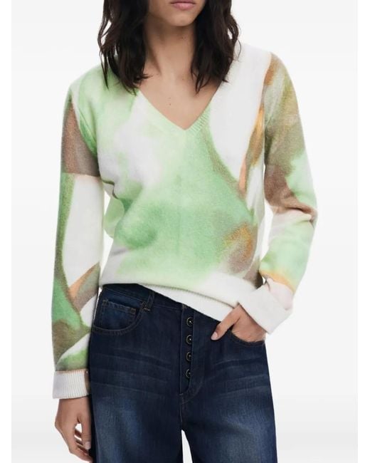 Desigual Green Abstract-Print V-Neck Sweater