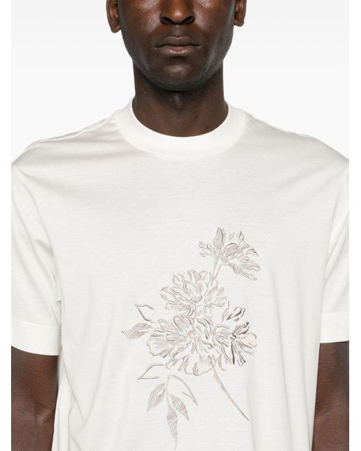 Emporio Armani White Floral-embroidered Lightweight T-shirt for men