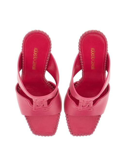 Mules Mirror Snake con relieve Roberto Cavalli de color Pink