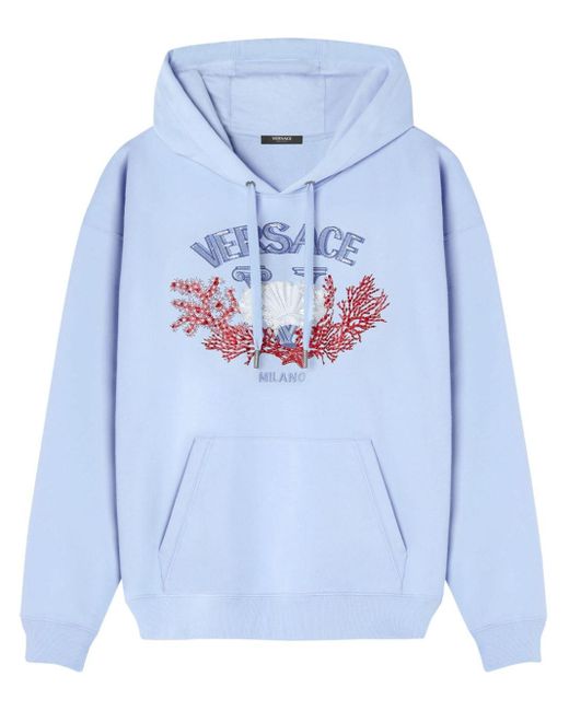 Versace Blue University Coral Embroidered Hoodie for men