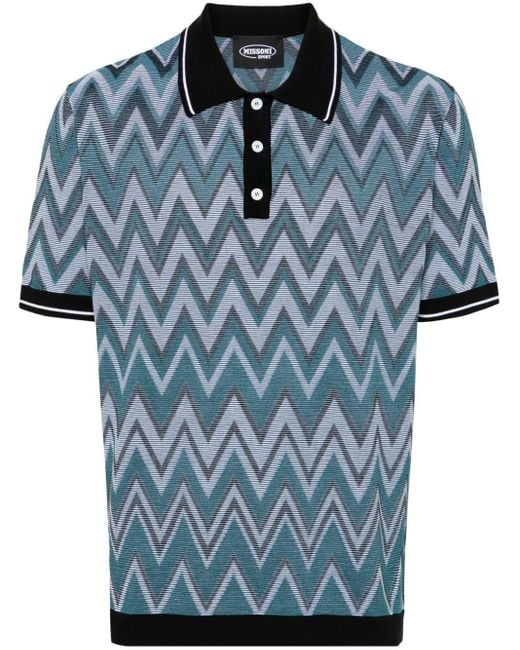 Missoni Blue Zigzag-woven Knitted Polo Shirt for men