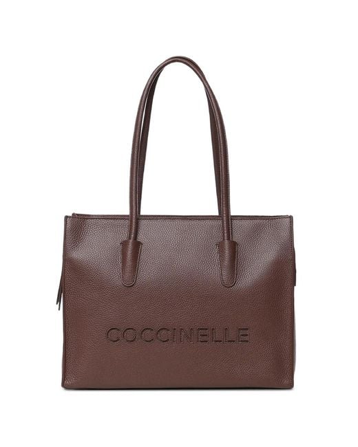 Coccinelle Brown Medium Myrtha26 Logo-Embossed Leather Tote Bag