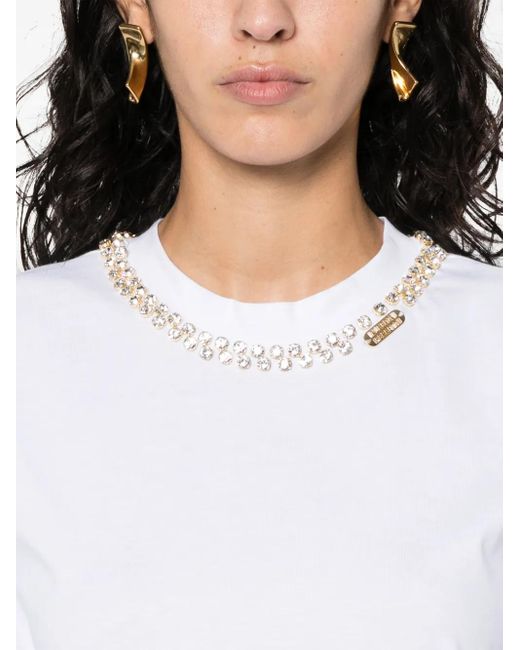 Alberta Ferretti White Crystal-Embellished Cotton T-Shirt