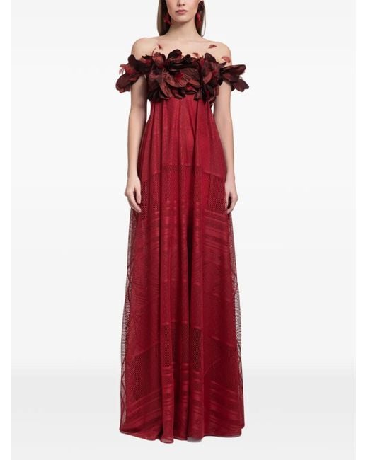 Gemy Maalouf Red Off-Shoulder Flower-Detail Maxi Dress