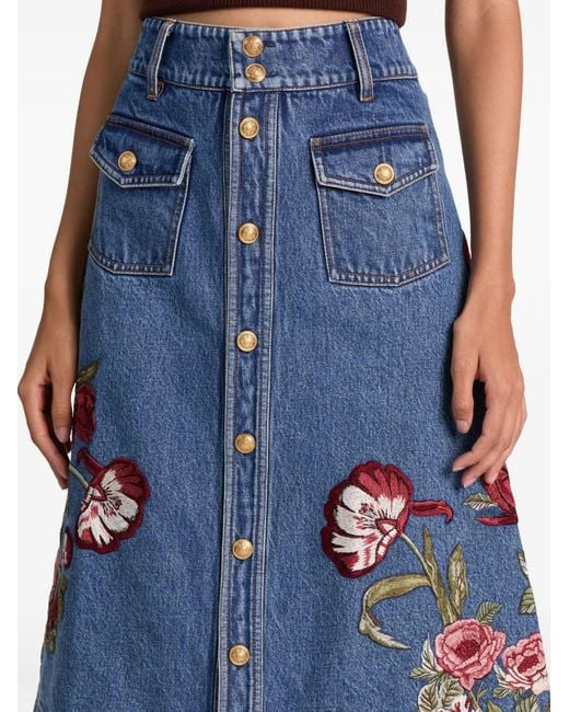 Alice + Olivia Blue Dahlia Embroidered Denim Skirt