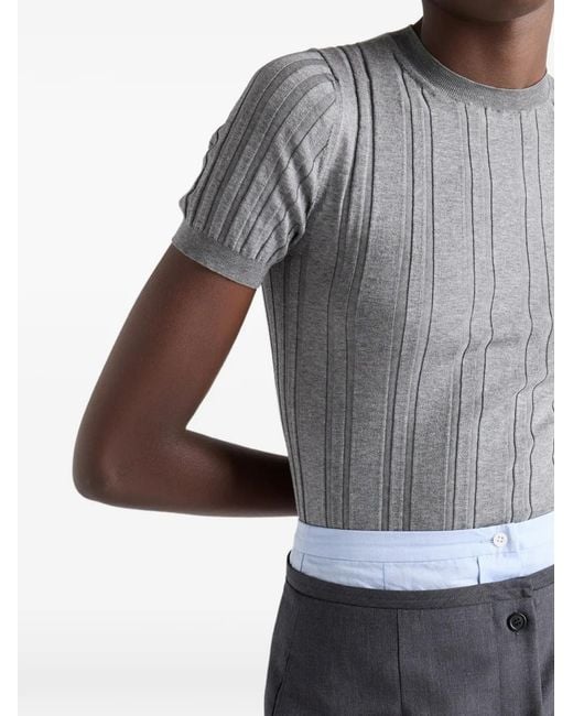 Prada Gray Short-Sleeved Ribbed-Knit Cotton Sweater