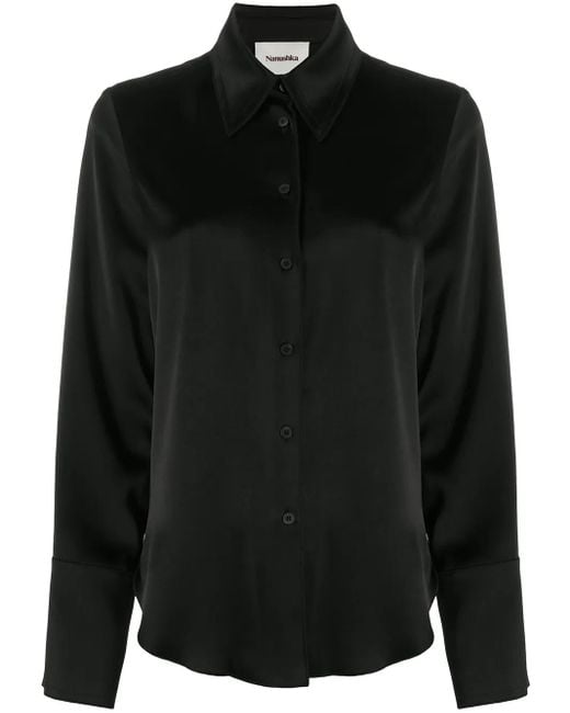 Nanushka Black Mandine Satin Long-Sleeved Shirt