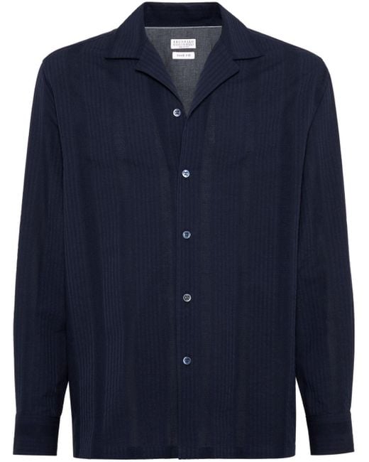 Brunello Cucinelli Blue Jacquard Stripe Cotton Shirt for men