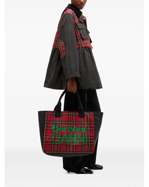 Ganni Red X Barbour Tartan Tote