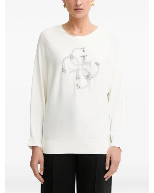 Guess White Embellished Logo-Print T-Shirt