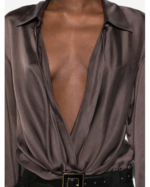 ANDAMANE Brown Lidia Satin-Finish Long-Sleeve Blouse