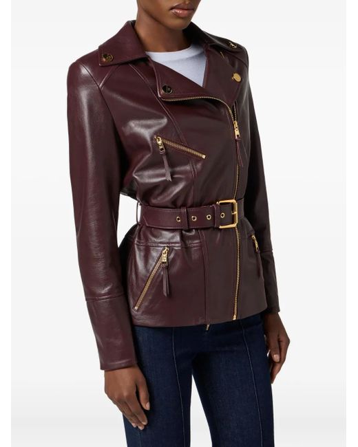 Elisabetta Franchi Brown Belted Leather Biker Jacket