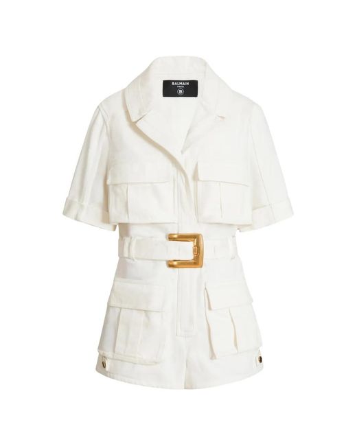 Balmain White Belted Denim Playsuit