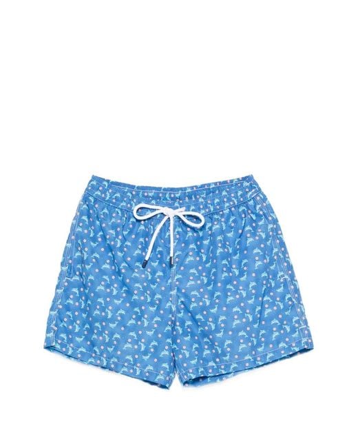 Fedeli Blue Dolphin-Print Swim Shorts for men