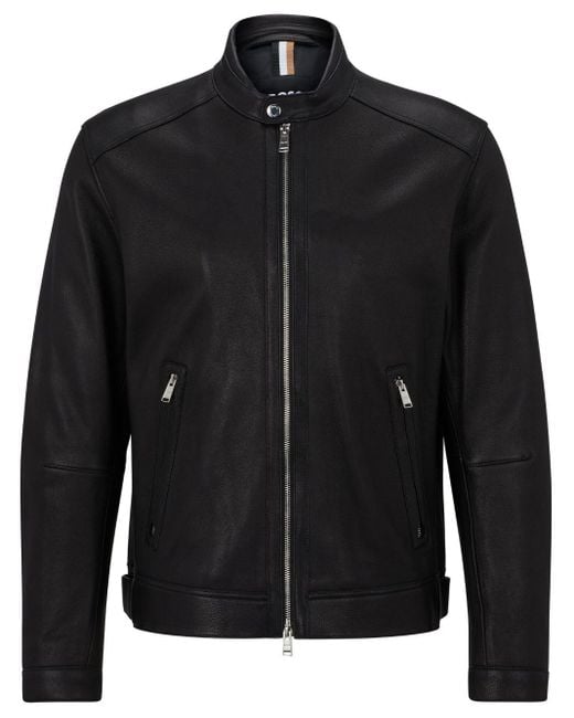 Boss Black Band-collar Leather Jacket for men