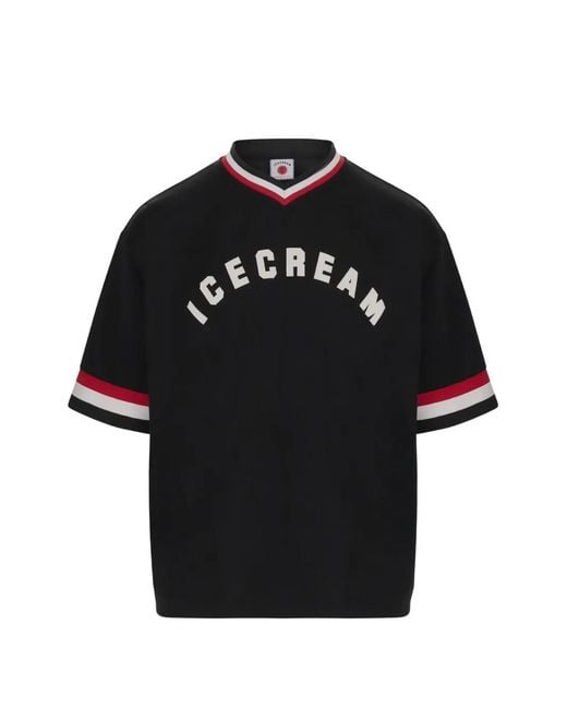 ICECREAM Black College Logo-Print Striped-Trim T-Shirt for men