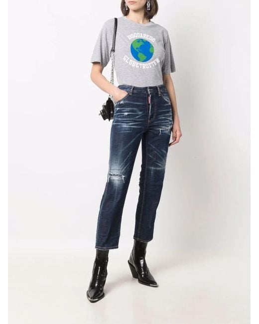 DSquared² Blue Crop Jeans With Daisy Embroidery